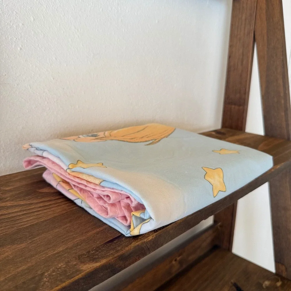 Vintage Precious Moments Baby Blanket 42x31 Pink Blue Stars Angel Boy